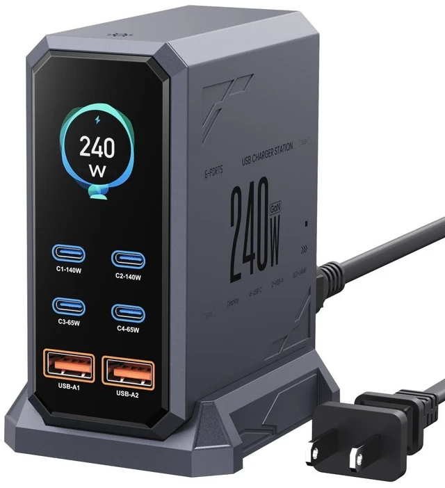 Alt view image 8 of 14 - 240W USB C Charger Block, 6 Ports USB Charging Station,GaN 140W PD3.1 Laptop Fast Charger Adapter Desktop Charger Station with LCD Display for MacBook HP iPad iPhone Samsung