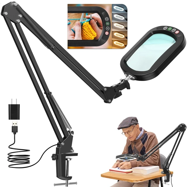 Alt view image 8 of 14 - 10X Large Magnifying Glass with Light and Clamp, Real Glass, 5 Color Modes, Stepless Dimmable, Lighted Magnifier with Stand Hands Free, LED Swing Arm Desk Lamp for Close Work, Craft, Reading, Painting