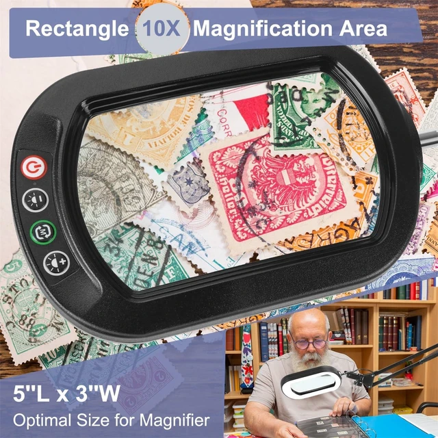 Alt view image 10 of 14 - 10X Large Magnifying Glass with Light and Clamp, Real Glass, 5 Color Modes, Stepless Dimmable, Lighted Magnifier with Stand Hands Free, LED Swing Arm Desk Lamp for Close Work, Craft, Reading, Painting