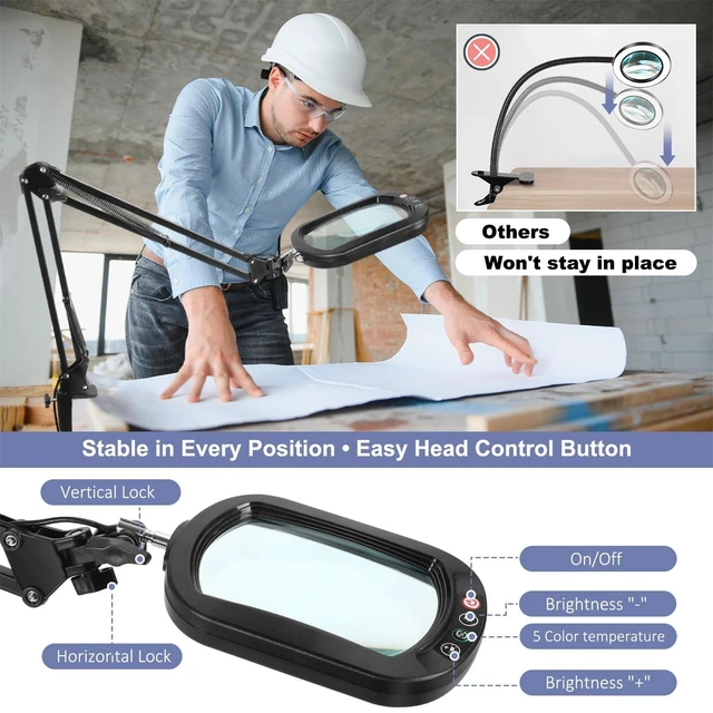 Alt view image 13 of 14 - 10X Large Magnifying Glass with Light and Clamp, Real Glass, 5 Color Modes, Stepless Dimmable, Lighted Magnifier with Stand Hands Free, LED Swing Arm Desk Lamp for Close Work, Craft, Reading, Painting