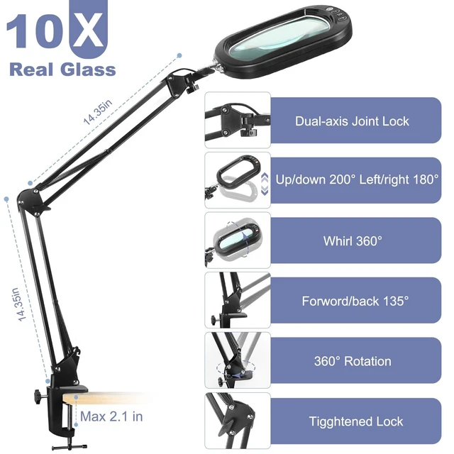 Alt view image 14 of 14 - 10X Large Magnifying Glass with Light and Clamp, Real Glass, 5 Color Modes, Stepless Dimmable, Lighted Magnifier with Stand Hands Free, LED Swing Arm Desk Lamp for Close Work, Craft, Reading, Painting