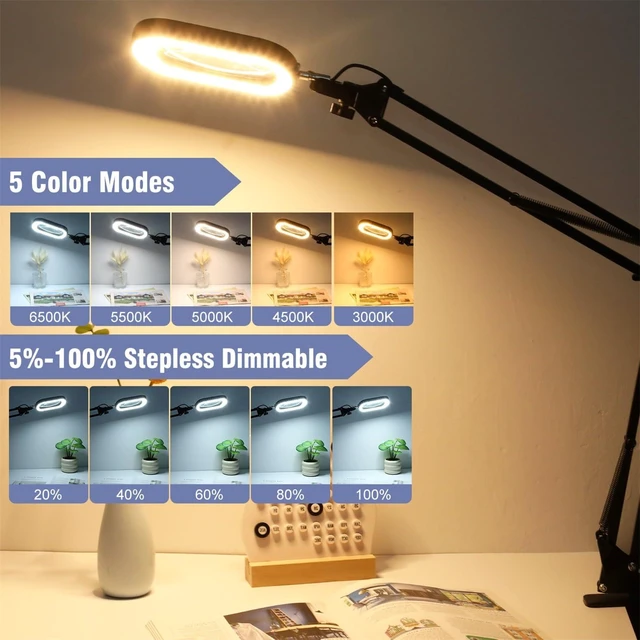 Alt view image 12 of 14 - 10X Large Magnifying Glass with Light and Clamp, Real Glass, 5 Color Modes, Stepless Dimmable, Lighted Magnifier with Stand Hands Free, LED Swing Arm Desk Lamp for Close Work, Craft, Reading, Painting