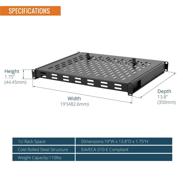 Alt view image 8 of 11 - 1U Sliding Rack Shelf,4-Post Vented Rack Mount Shelf,13.8in Deep with Adjustable Mounting Depth 13.8-19.7in,Supports to 110lbs,for 19 Inch AV/Network Equipment Rack,Unassembled,Black