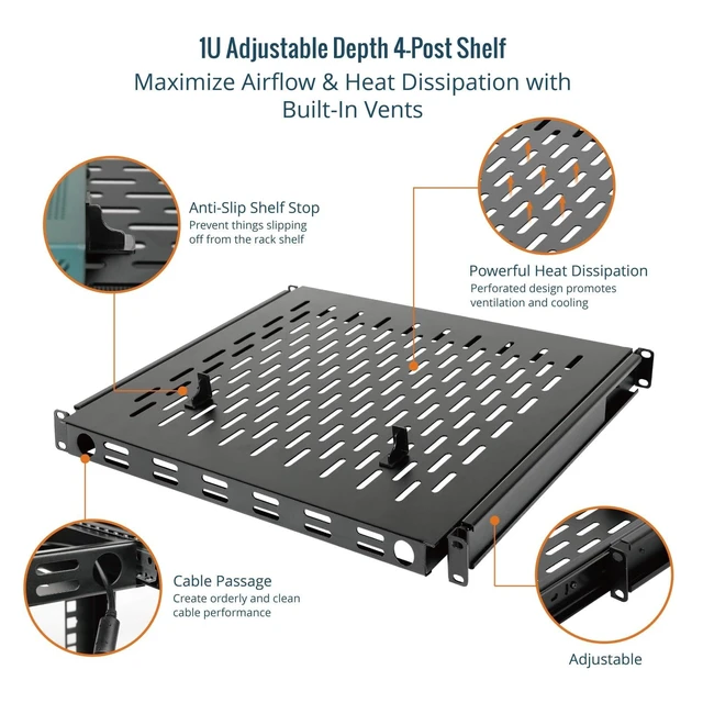 Alt view image 10 of 11 - 1U Sliding Rack Shelf,4-Post Vented Rack Mount Shelf,13.8in Deep with Adjustable Mounting Depth 13.8-19.7in,Supports to 110lbs,for 19 Inch AV/Network Equipment Rack,Unassembled,Black