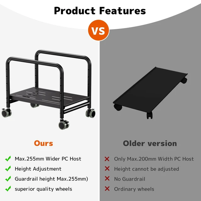 Alt view image 9 of 14 - Computer Tower Stand Under Desk - Height Adjustable PC Stand for Most Mid-Tower, Rolling CPU Holder with 360° Locking Wheels, Max Load 66 lbs, Black
