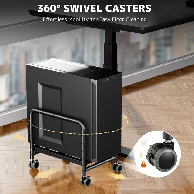Alt view image 11 of 14 - Computer Tower Stand Under Desk - Height Adjustable PC Stand for Most Mid-Tower, Rolling CPU Holder with 360° Locking Wheels, Max Load 66 lbs, Black