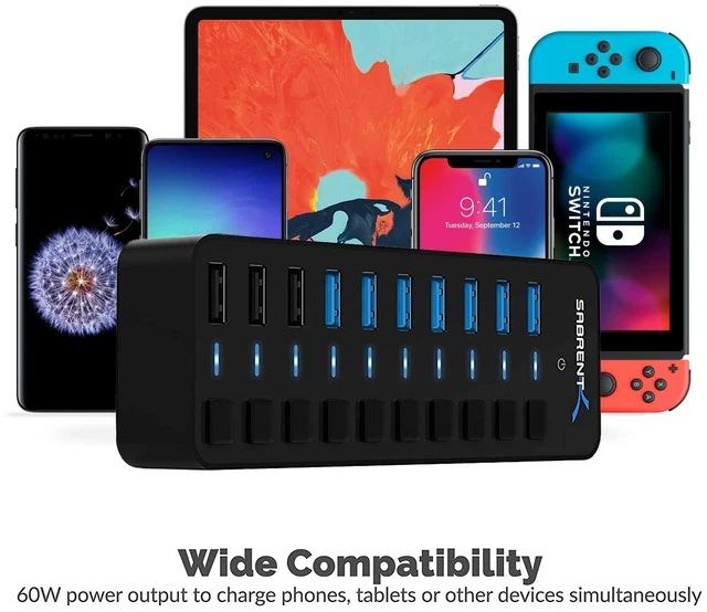 Alt view image 9 of 14 - 10-Port Powered USB 3.0 Hub, 3 Charging Ports, 60W (HB-B7C3)