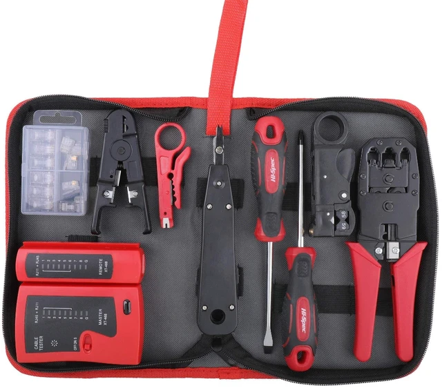 Alt view image 8 of 14 - 9pc Network Cable Tester Tool Kit Set for CAT5, CAT6, RJ11, RJ45. Ethernet LAN Crimper, Punchdown, Coax Stripper & More