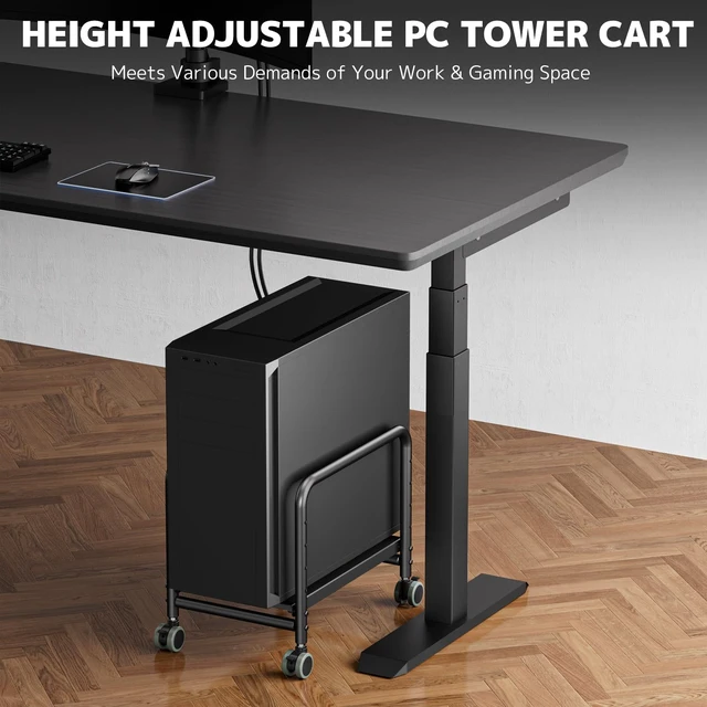 Alt view image 14 of 14 - Computer Tower Stand Under Desk - Height Adjustable PC Stand for Most Mid-Tower, Rolling CPU Holder with 360° Locking Wheels, Max Load 66 lbs, Black