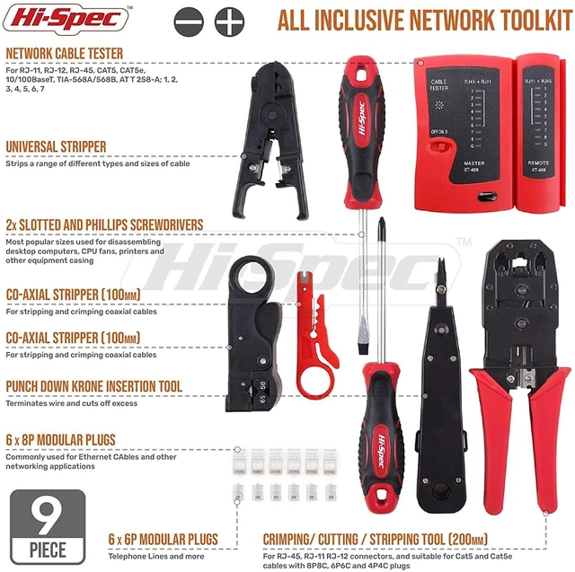 Alt view image 9 of 14 - 9pc Network Cable Tester Tool Kit Set for CAT5, CAT6, RJ11, RJ45. Ethernet LAN Crimper, Punchdown, Coax Stripper & More