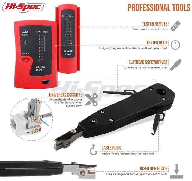 Alt view image 10 of 14 - 9pc Network Cable Tester Tool Kit Set for CAT5, CAT6, RJ11, RJ45. Ethernet LAN Crimper, Punchdown, Coax Stripper & More