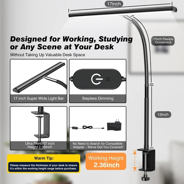 Alt view image 9 of 12 - LED Desk Lamp for Office Home, Eye-Caring Desk Light with Stepless Dimming Adjustable Flexible Gooseneck, 10W USB Adapter Desk Lamp with Clamp for Reading, Study, Workbench (Black)