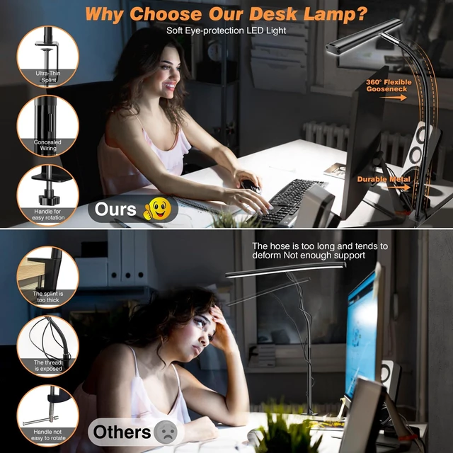 Alt view image 10 of 12 - LED Desk Lamp for Office Home, Eye-Caring Desk Light with Stepless Dimming Adjustable Flexible Gooseneck, 10W USB Adapter Desk Lamp with Clamp for Reading, Study, Workbench (Black)