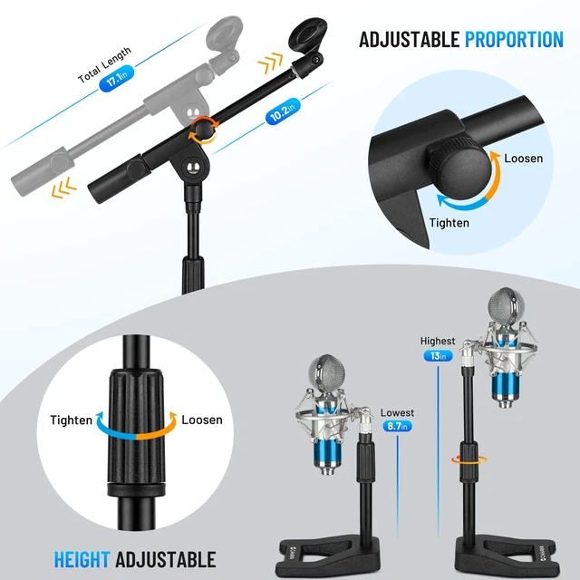 Alt view image 13 of 14 - Mic Stand Desk Adjustable - Boom Arm Desktop Microphone Stand Metal Weighted Base A-frame Table Mic Mount with 2 Mic Clips 3/8" to 5/8" Screw Adapter Mic Mount for Singing Stage Performance