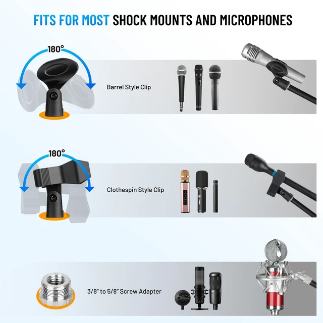 Alt view image 14 of 14 - Mic Stand Desk Adjustable - Boom Arm Desktop Microphone Stand Metal Weighted Base A-frame Table Mic Mount with 2 Mic Clips 3/8" to 5/8" Screw Adapter Mic Mount for Singing Stage Performance