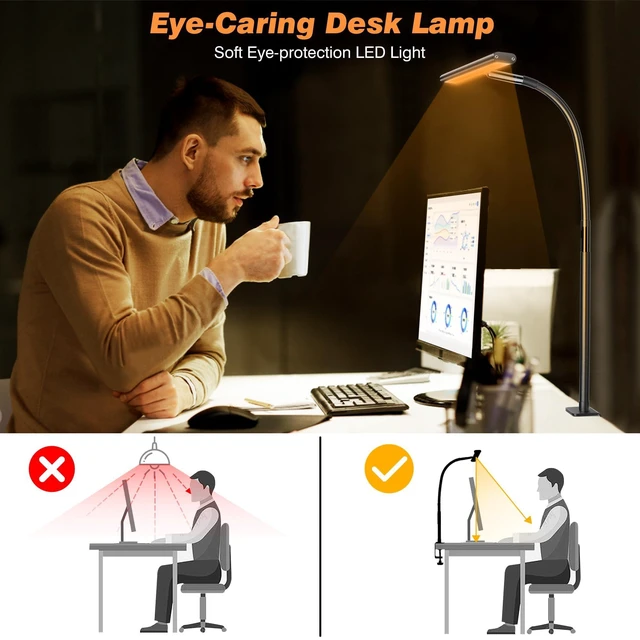 Alt view image 12 of 12 - LED Desk Lamp for Office Home, Eye-Caring Desk Light with Stepless Dimming Adjustable Flexible Gooseneck, 10W USB Adapter Desk Lamp with Clamp for Reading, Study, Workbench (Black)
