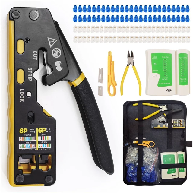 Alt view image 8 of 14 - All-in-One RJ45 Crimp Tool Kit with Tester and Carrying Case, Pass Through Ethernet Crimper for Cat5 Cat5e Cat6, RJ11 RJ12 6P/8P, 50 Connectors and 50 Boots