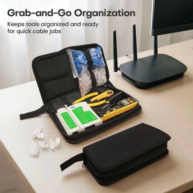 Alt view image 13 of 14 - All-in-One RJ45 Crimp Tool Kit with Tester and Carrying Case, Pass Through Ethernet Crimper for Cat5 Cat5e Cat6, RJ11 RJ12 6P/8P, 50 Connectors and 50 Boots