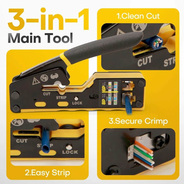 Alt view image 9 of 14 - All-in-One RJ45 Crimp Tool Kit with Tester and Carrying Case, Pass Through Ethernet Crimper for Cat5 Cat5e Cat6, RJ11 RJ12 6P/8P, 50 Connectors and 50 Boots