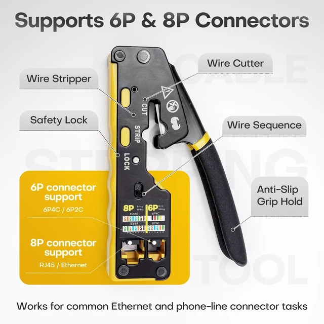 Alt view image 10 of 14 - All-in-One RJ45 Crimp Tool Kit with Tester and Carrying Case, Pass Through Ethernet Crimper for Cat5 Cat5e Cat6, RJ11 RJ12 6P/8P, 50 Connectors and 50 Boots