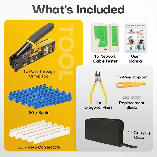 Alt view image 12 of 14 - All-in-One RJ45 Crimp Tool Kit with Tester and Carrying Case, Pass Through Ethernet Crimper for Cat5 Cat5e Cat6, RJ11 RJ12 6P/8P, 50 Connectors and 50 Boots