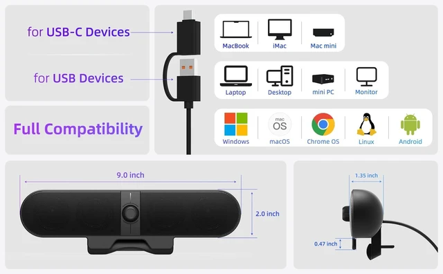 Alt view image 13 of 14 - Computer Speakers for Desktop PC, Monitor Speakers with Easy Volume Knob, Sturdy Clamp, Clear Sound, Decent Bass, USB Plug in External Speakers for Laptop, Small PC Soundbar, USB-C Adapter, 5Ft Cable