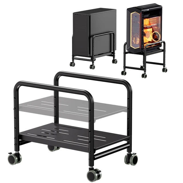 Alt view image 8 of 14 - Computer Tower Stand Under Desk - Height Adjustable PC Stand for Most Mid-Tower, Rolling CPU Holder with 360° Locking Wheels, Max Load 66 lbs, Black