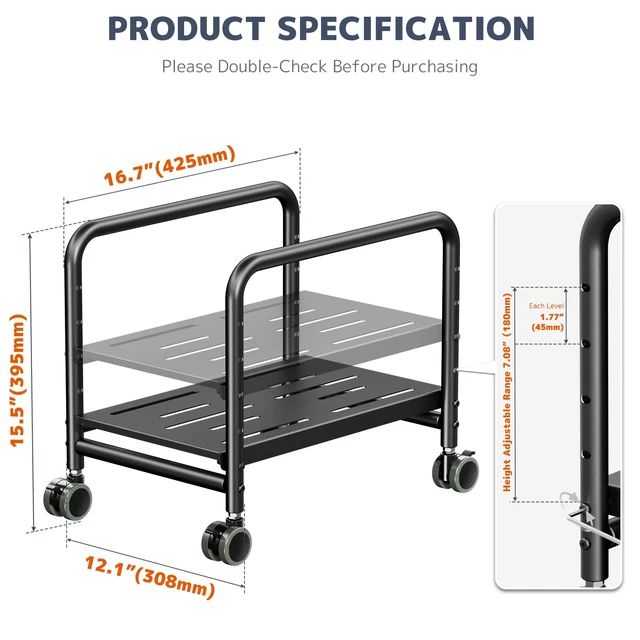 Alt view image 12 of 14 - Computer Tower Stand Under Desk - Height Adjustable PC Stand for Most Mid-Tower, Rolling CPU Holder with 360° Locking Wheels, Max Load 66 lbs, Black