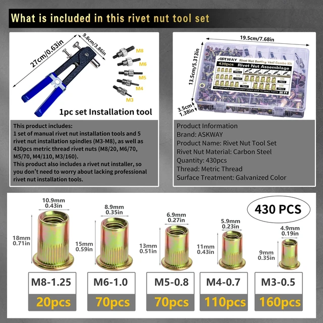 Alt view image 8 of 11 - Pressure Rivet Nut Tool Kit, 430Pcs Metric Rivet Nut Combination (M8/M6/M5/M4/M3), Suitable for Furniture, Decoration, Automotive, Marine and Industrial Applications
