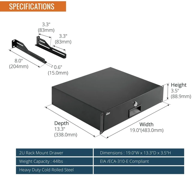 Alt view image 9 of 14 - 2U Rack Drawer,Rack Mount Drawer for 19in Network Equipment/Server/AV Rack or Cabinet Enclosure,Sliding and Lockable Server Rack Drawer - Load-Bearing 44lb (20kg),with Cable Management Holes