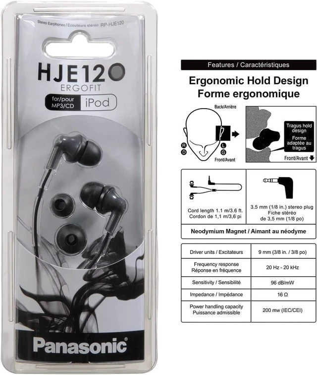Alt view image 10 of 10 - ErgoFit Wired Earbuds, In-Ear Headphones with Dynamic Crystal-Clear Sound and Ergonomic Custom-Fit Earpieces (S/M/L), 3.5mm Jack for Phones and Laptops, No Mic - RP-HJE120-K (Black)