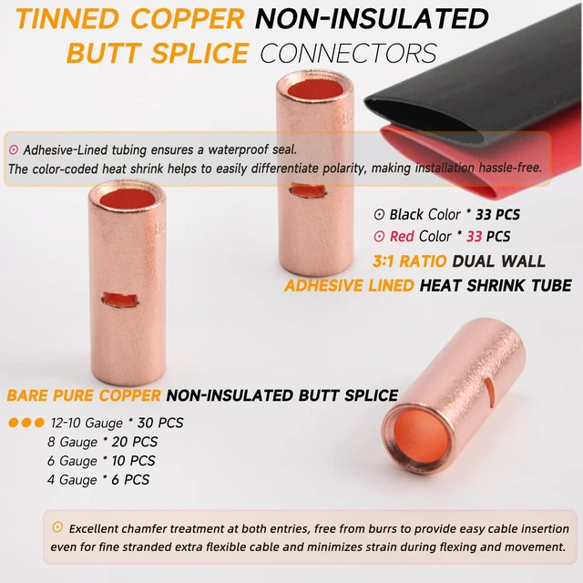 Alt view image 9 of 14 - Butt Connectors Kit 132PCS 4/6/8/12-10 Gauge Crimp Butt Splice Wire Connectors Non Insulated Butt Splice Connectors Bare Pure Copper 66 PCS Uninsulated Butt Terminals & 66 PCS 3:1 Heat Shrink