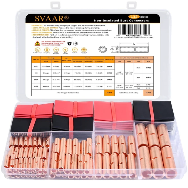 Alt view image 8 of 14 - Butt Connectors Kit 132PCS 4/6/8/12-10 Gauge Crimp Butt Splice Wire Connectors Non Insulated Butt Splice Connectors Bare Pure Copper 66 PCS Uninsulated Butt Terminals & 66 PCS 3:1 Heat Shrink