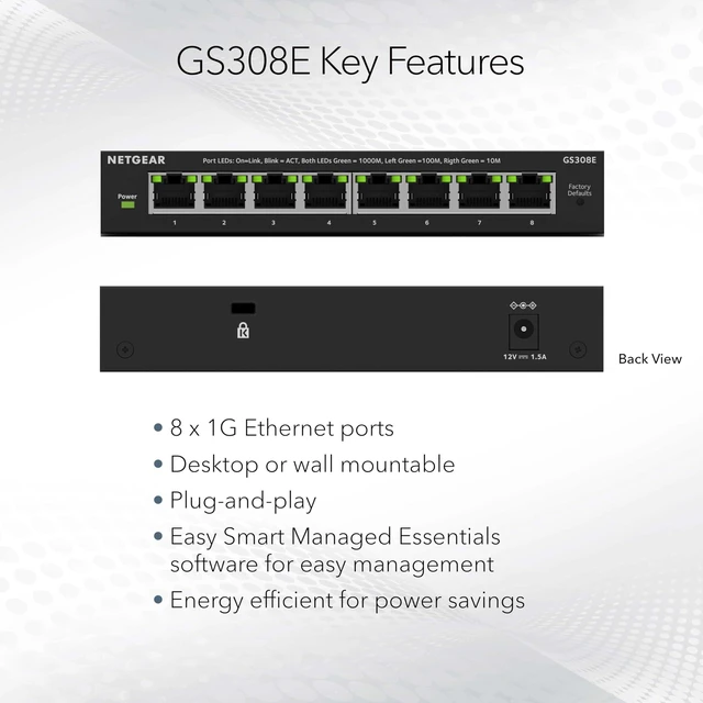 Alt view image 8 of 12 - 8-Port Gigabit Ethernet Easy Smart Managed Essentials Switch (GS308E) - Desktop or Wall Mount, Home Network Hub, Office Ethernet Splitter, Silent Operation