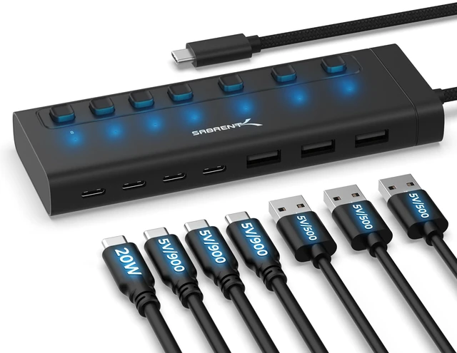 Alt view image 8 of 14 - 7-Port USB-C Hub with Power Switches, 5Gbps USB 3.2, 48W Powered Hub with 3 USB-A + 4 USB-C Ports, 20W PD, LED Status, Aluminum Body for Mac, PC, Steam Deck, ROG Ally (HB-3A4C)