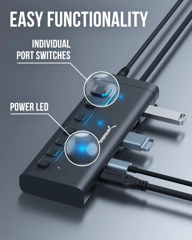 Alt view image 9 of 14 - 7-Port USB-C Hub with Power Switches, 5Gbps USB 3.2, 48W Powered Hub with 3 USB-A + 4 USB-C Ports, 20W PD, LED Status, Aluminum Body for Mac, PC, Steam Deck, ROG Ally (HB-3A4C)