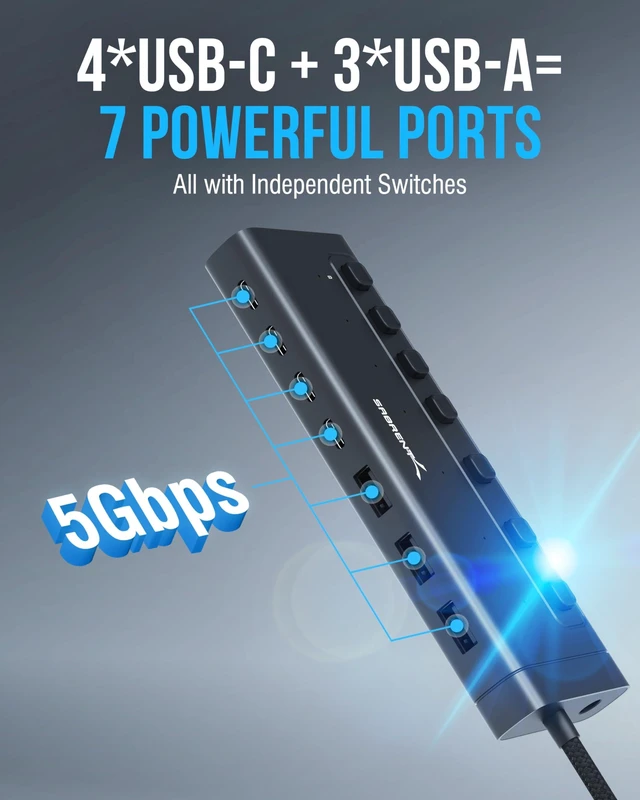 Alt view image 11 of 14 - 7-Port USB-C Hub with Power Switches, 5Gbps USB 3.2, 48W Powered Hub with 3 USB-A + 4 USB-C Ports, 20W PD, LED Status, Aluminum Body for Mac, PC, Steam Deck, ROG Ally (HB-3A4C)