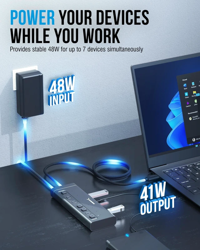 Alt view image 10 of 14 - 7-Port USB-C Hub with Power Switches, 5Gbps USB 3.2, 48W Powered Hub with 3 USB-A + 4 USB-C Ports, 20W PD, LED Status, Aluminum Body for Mac, PC, Steam Deck, ROG Ally (HB-3A4C)
