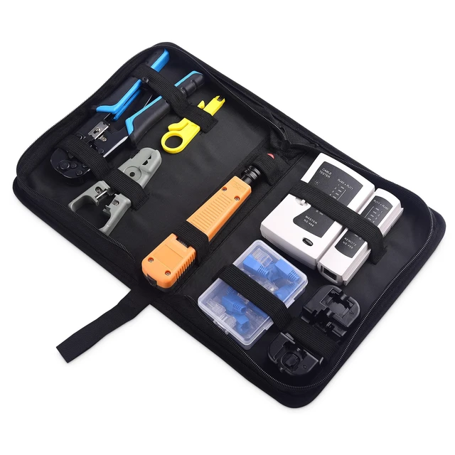 Alt view image 8 of 14 - 7-in-1 Network Tool Kit with RJ45 Ethernet Crimping Tool, Punch Down Device, Punch Down Stand, Cable Tester, RJ45 Connectors & Boots, and Wire Strippers - Carrying Case Included