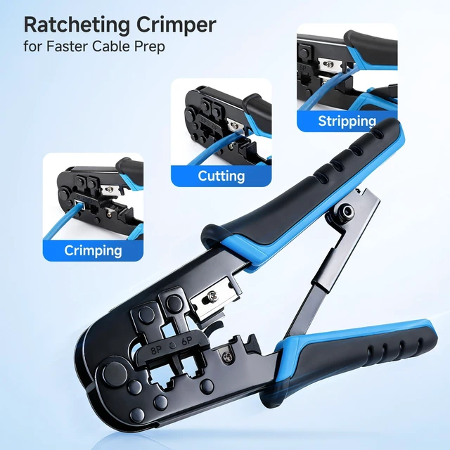 Alt view image 10 of 14 - 7-in-1 Network Tool Kit with RJ45 Ethernet Crimping Tool, Punch Down Device, Punch Down Stand, Cable Tester, RJ45 Connectors & Boots, and Wire Strippers - Carrying Case Included