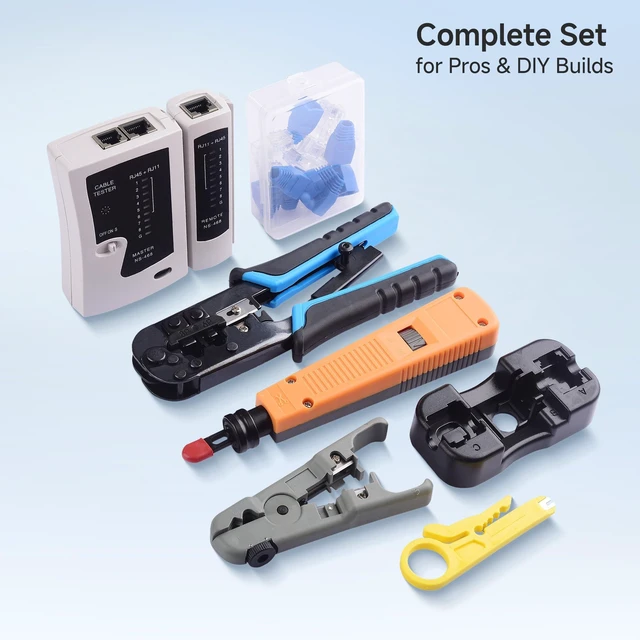 Alt view image 14 of 14 - 7-in-1 Network Tool Kit with RJ45 Ethernet Crimping Tool, Punch Down Device, Punch Down Stand, Cable Tester, RJ45 Connectors & Boots, and Wire Strippers - Carrying Case Included
