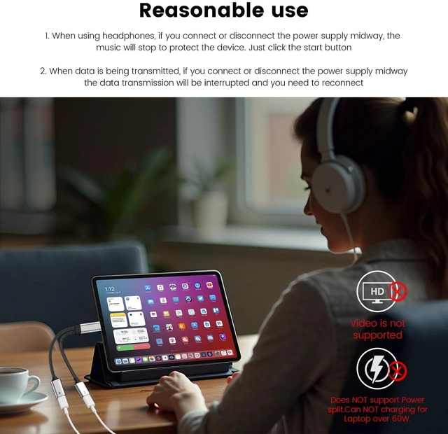 Alt view image 10 of 14 - 60W USB C Splitter Cable, 2-in-1 USB-C Male to Dual USB-C Female Charge While Using Headphones,SSD,DAC,or Controller Works with Steam Deck, Quest 3, iPad Pro, Samsung Galaxy, Pixel 7/8,Switch