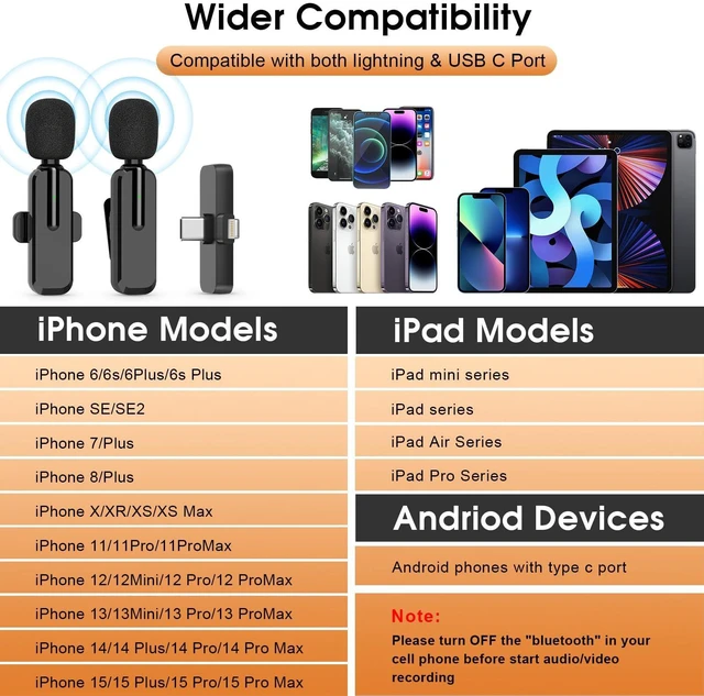 Alt view image 10 of 14 - Wireless Lavalier Microphone for iPhone, iPad, Android - Bluetooth Lapel Phone Mic for Video Recording - Mini Clip on Microphones for YouTube Podcast Interview(2-in-1 Port)