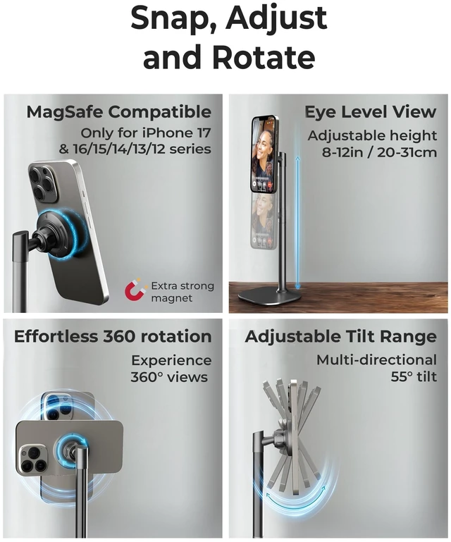 Alt view image 9 of 12 - MagStand, Adjustable Magnetic iPhone Stand for Desk & Phone Holder for Video Recording, Compatible with MagSafe, Stand for iPhone 17 Pro Max, 16/15/14/13/12, Small Mag Safe Tripod (Black)