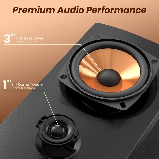 Alt view image 9 of 14 - Active Bookshelf Speakers, 50W BT Home Speakers, 3 Woofer, 1 Silk Dome Tweeter PC Speakers, RCA Speakers for Desktop/Turntable/TV, Bass & Treble Adjustable, Headphone Port for Gaming