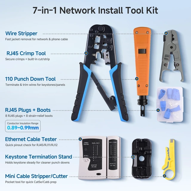 Alt view image 9 of 14 - 7-in-1 Network Tool Kit with RJ45 Ethernet Crimping Tool, Punch Down Device, Punch Down Stand, Cable Tester, RJ45 Connectors & Boots, and Wire Strippers - Carrying Case Included