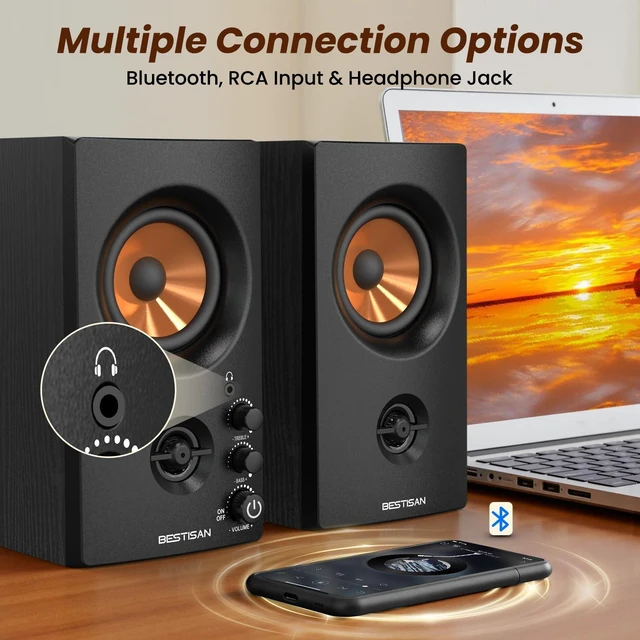 Alt view image 10 of 14 - Active Bookshelf Speakers, 50W BT Home Speakers, 3 Woofer, 1 Silk Dome Tweeter PC Speakers, RCA Speakers for Desktop/Turntable/TV, Bass & Treble Adjustable, Headphone Port for Gaming