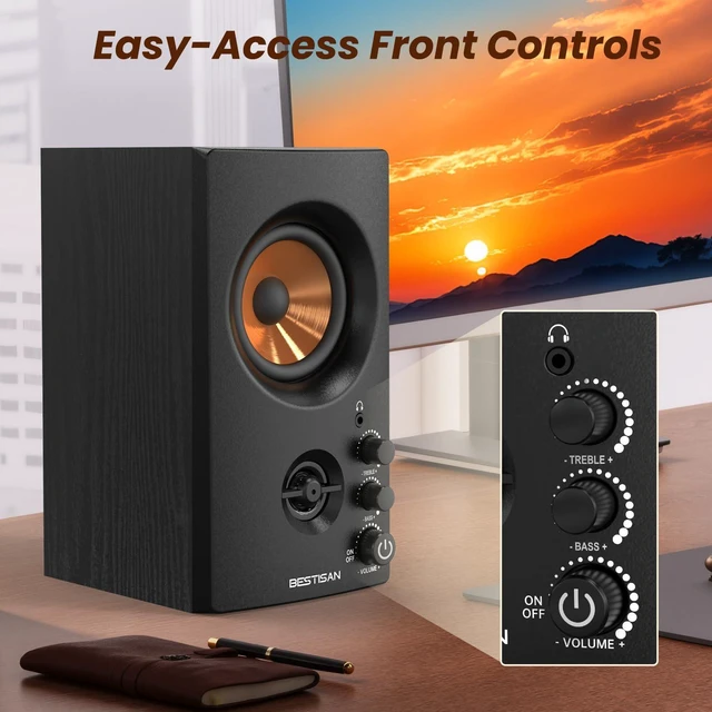 Alt view image 11 of 14 - Active Bookshelf Speakers, 50W BT Home Speakers, 3 Woofer, 1 Silk Dome Tweeter PC Speakers, RCA Speakers for Desktop/Turntable/TV, Bass & Treble Adjustable, Headphone Port for Gaming