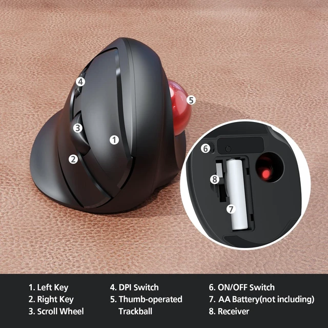 Alt view image 10 of 12 - Trackball Wireless Mouse, Upgrade Right Hand Ergonomic Mouse with Wireless Vertical Rollerball Computer Mouse, 3 Adjustable DPI, Easy Thumb Control for PC, Laptop, Mac, Windows - Black