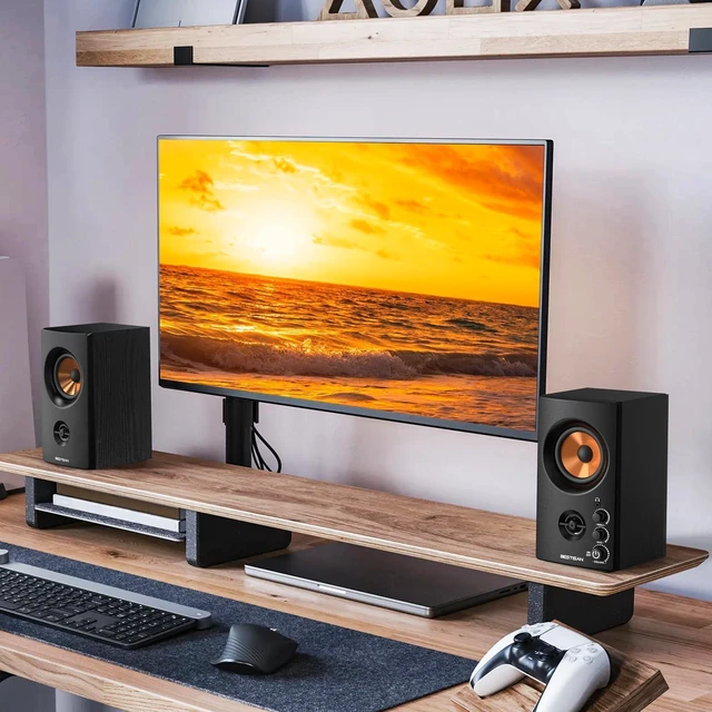 Alt view image 14 of 14 - Active Bookshelf Speakers, 50W BT Home Speakers, 3 Woofer, 1 Silk Dome Tweeter PC Speakers, RCA Speakers for Desktop/Turntable/TV, Bass & Treble Adjustable, Headphone Port for Gaming